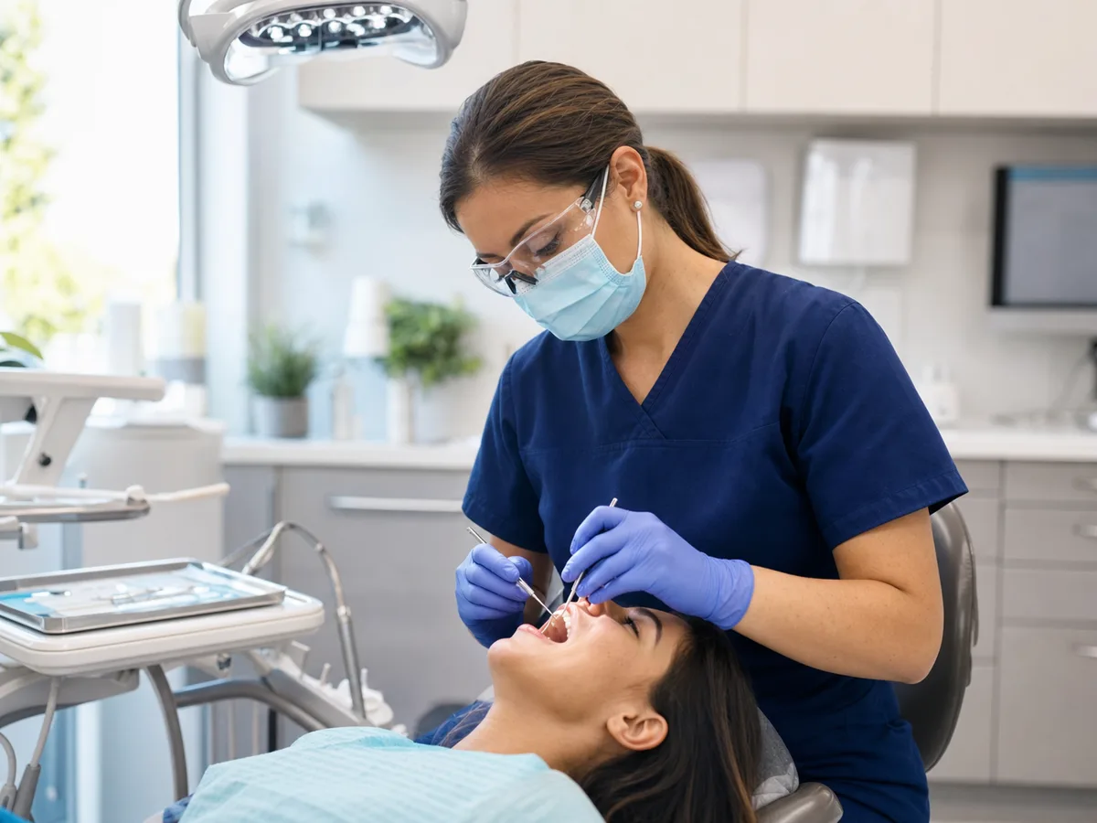 Dental Hygienist at work in a realistic setting.