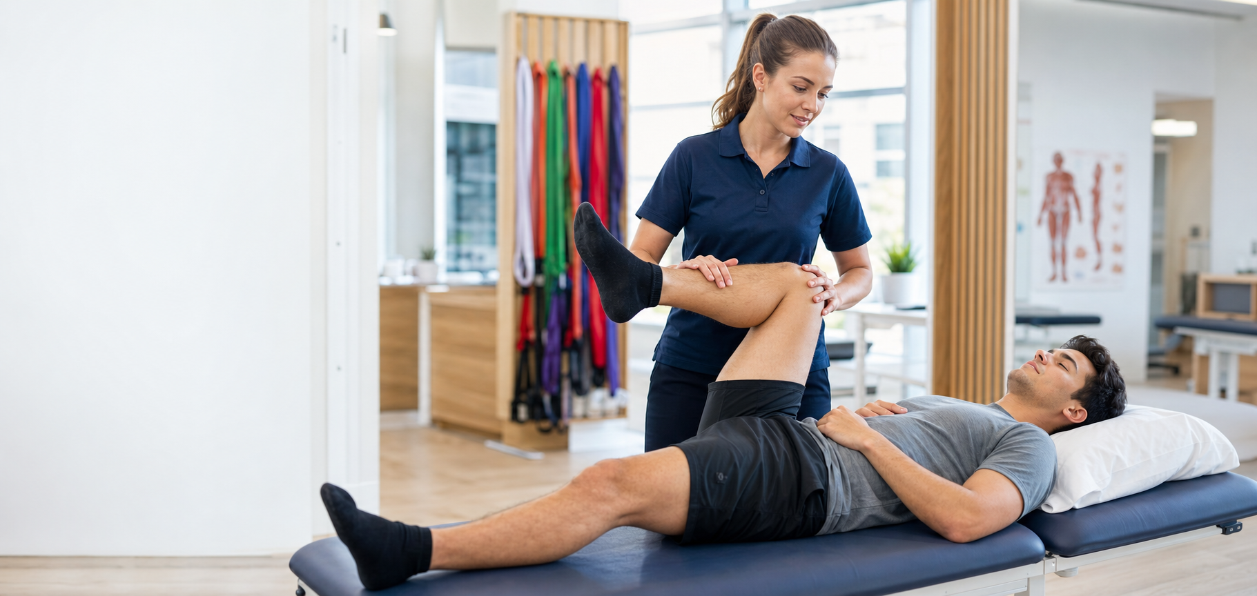 Physical therapist helping a patient stretch on a treatment table in a bright clinic.